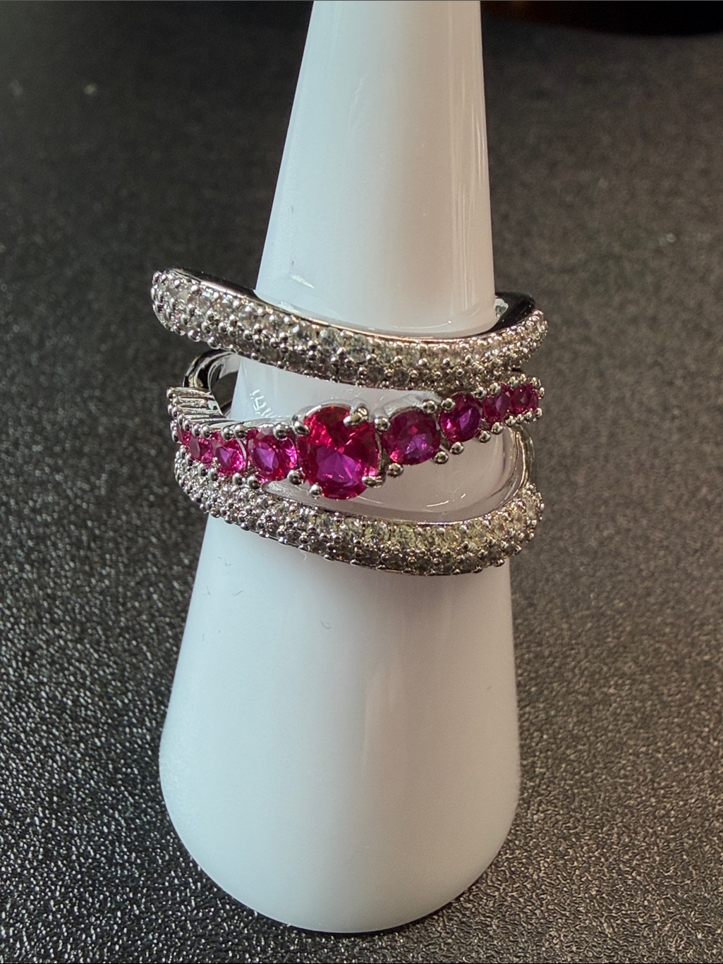 Silver-Tone Ring With Vibrant Pink Gemstone Row